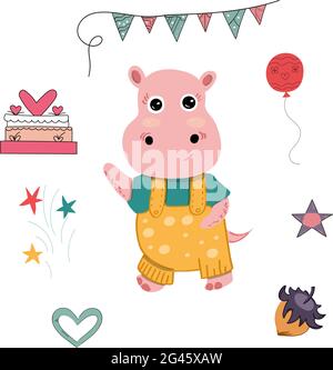 Vector illustration of an animal surrounded by gifts and birthday symbols on an isolated background. Vector illustration Stock Vector