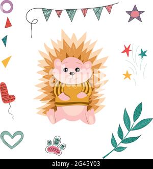 Vector illustration of an animal surrounded by gifts and birthday symbols on an isolated background. Vector illustration Stock Vector
