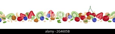 Seamless berry border. Vector horizontal border with berries and nuts pattern isolated on white. Stock Vector