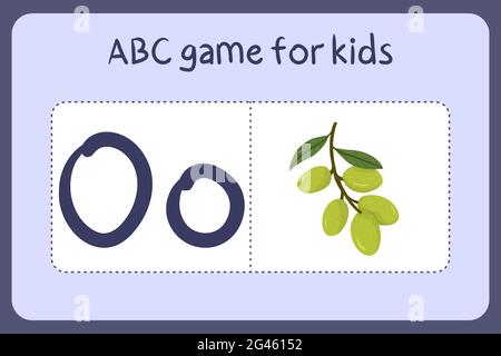 Kid alphabet mini games in cartoon style with letter O - olive. Vector illustration for game design - cut and play. Learn abc with fruit and vegetable flash cards. Stock Vector