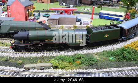 A model of The Flying Scotsman on a model railway. Stock Photo