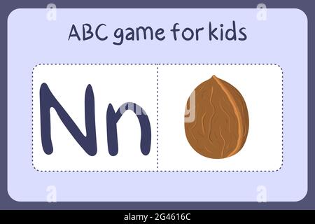 Kid alphabet mini games in cartoon style with letter N - nut. Vector illustration for game design - cut and play. Learn abc with fruit and vegetable flash cards. Stock Vector