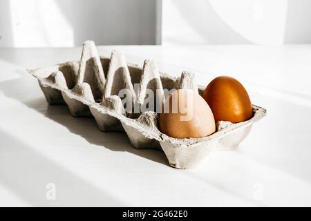 Minimalist organic food concept. Two brown eggs in carton cardboard box Stock Photo