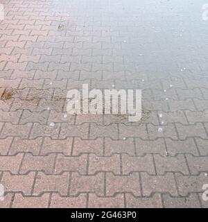 rainy puddle on stone tiles of pavement in heavy rain on summer day Stock Photo