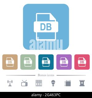 DB file format white flat icons on color rounded square backgrounds. 6 bonus icons included Stock Vector