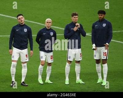 London, UK. 18th June 2021. Declan Rice of England, Phil Foden of England, John Stones of England and Tyrone Mings of England line up during the UEFA European Championships match at Wembley Stadium, London. Picture credit should read: David Klein / Sportimage Credit: Sportimage/Alamy Live News Stock Photo