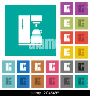 Coffee machine multi colored flat icons on plain square backgrounds. Included white and darker icon variations for hover or active effects. Stock Vector