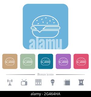 Single cheeseburger white flat icons on color rounded square backgrounds. 6 bonus icons included Stock Vector