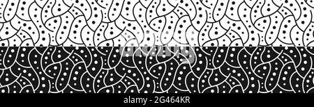 Black white curved lines as stylized branches and dots. Seamless abstract pattern. Vector illustration. Stock Vector