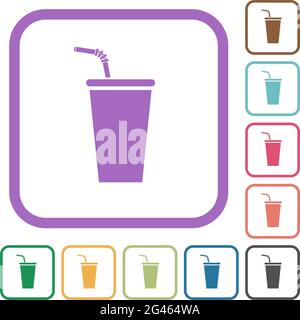 Disposable drinking cup with straw simple icons in color rounded square frames on white background Stock Vector