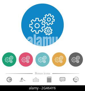 Gears flat white icons on round color backgrounds. 6 bonus icons included. Stock Vector