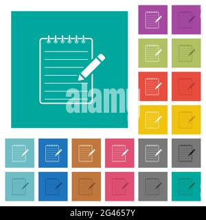 Spiral notepad with pencil multi colored flat icons on plain square backgrounds. Included white and darker icon variations for hover or active effects Stock Vector