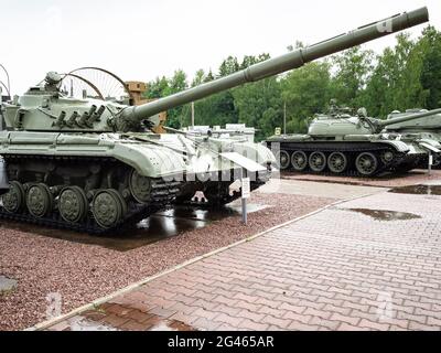 Sholohovo, Moscow Region, Russia - June 8, 2021: tanks at outdoor area of Museum of History of the T-34 Tank in rain. The founder of the museum is Vas Stock Photo