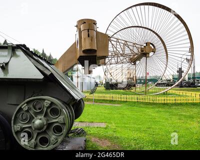 Sholohovo, Moscow Region, Russia - June 8, 2021: disassembled tank and Tsar Tank at outdoor area of Museum of History of the T-34 Tank. Founder of the Stock Photo