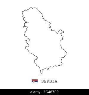 Serbia map line, linear thin vector simple outline e and flag. Black on white background Stock Vector