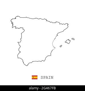 Spain map line, linear thin vector simple outline e and flag. Black on white background Stock Vector