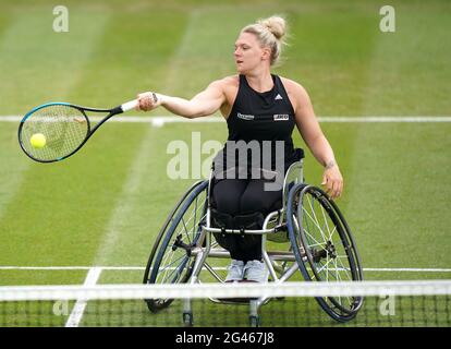 Great Britain's Jordanne Whiley in action against Great Britain's Abbie Breakwell during day six of the Viking Classic at the Edgbaston Priory Club, Birmingham. Picture date: Saturday June 19, 2021. Stock Photo