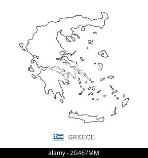 Greece map line, linear thin vector simple outline e and flag. Black on white background Stock Vector