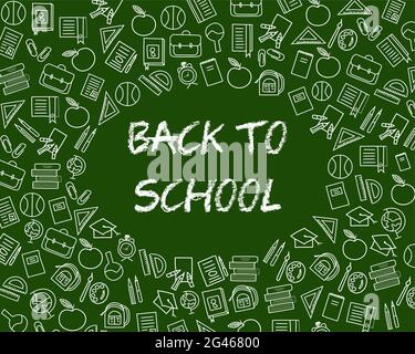 Back to school text drawing by colorful chalk on blackboard with school items and elements. Vector illustration Stock Photo