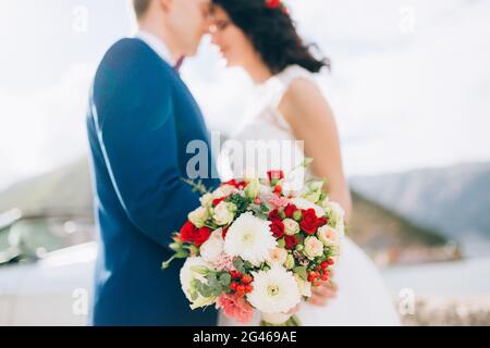 Wedding bridal bouquet of roses, chrysanthemums, Eucalyptus Baby Stock Photo