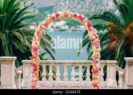 Wedding Arch of hydrangeas and roses. Wedding ceremony in the Ba Stock Photo