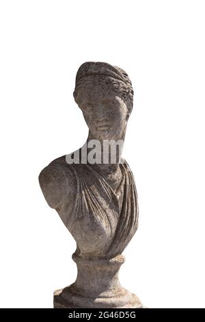Close up of ancient stone sculpture of woman's bust on white background Stock Photo