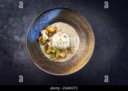 Modern style traditional German cooked porcini mushroom soup with pretzel dumpling and fried potato chips offered as top view in Stock Photo