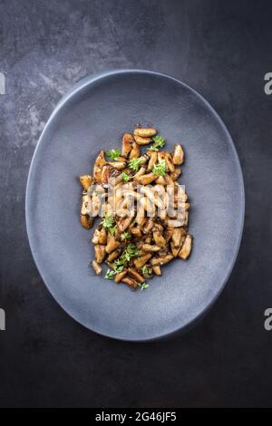 Traditional fresh fried baby king trumpet mushrooms with herbs offered as top view on a cast-iron design plate Stock Photo