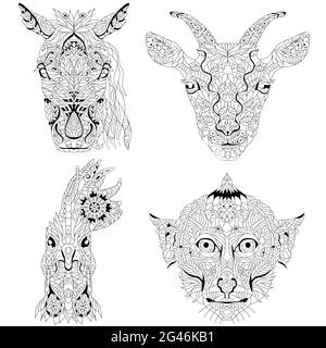 Head of horse, goat, rooster and monkey heads. Zentangle styled for t-shirt design, for tattoo and other decorations Stock Vector