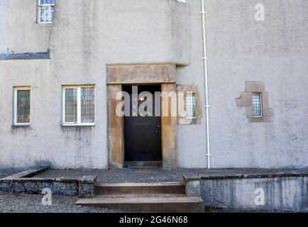 Front entrance at Hill House designed by Charles Rennie Mackintosh for the Blackie family publishers Glasgow in 1904. Helensburgh, Argyll, Scotland. Stock Photo