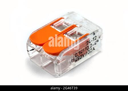 2-terminal splicing connector for stranded and solid wires for electric cables, isolated on white background. Stock Photo