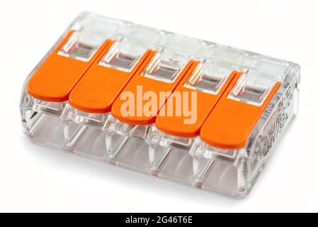 5-terminal splicing connector for stranded and solid wires for electric cables, isolated on white background. Stock Photo