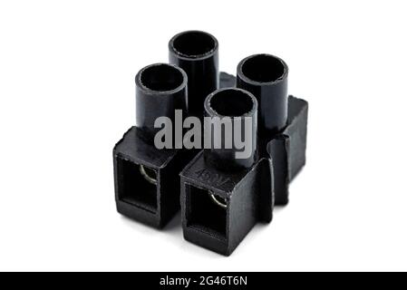 Plastic connection block with 2 entries for strands and solid conductors for electric cables, isolated on white background. Stock Photo
