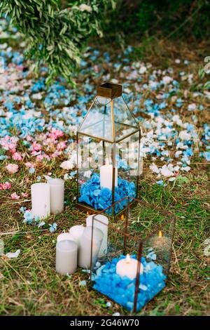 Candles in glass lamps. Wedding decorations. Wedding in Monteneg Stock Photo