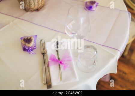Wedding table setting at a banquet. Stock Photo