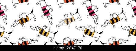 Funny seamless pattern with dachshunds in bee costumes. Bright baby background with cute dogs. Cool print for textiles, bedding, nursery wallpaper, ch Stock Vector