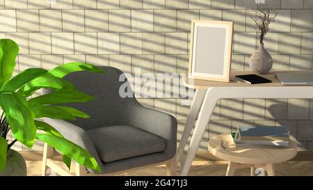 Vertical photo frame mock up on the wooden desk Stock Photo
