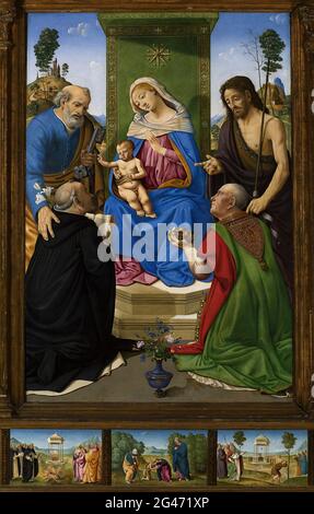 Piero DI Cosimo -  Madonna and Child Enthroned with Sts Peter John the Baptist Dominic and Nicholas of Bari Stock Photo