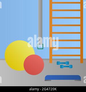 Physiotherapy room with sport equipment. Medical rehabilitation center. Vector illustration. Stock Vector