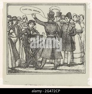 Let us sing; RATAPLAN. Caricatures / Counselies / Proverbs / Fables / For old and young / seriousness and fancy. A group of people collected around a boy with a street organ. Associated with a series of six humorous pictures, cartrots in the politics, taxes and other social states, ca. 1845. Stock Photo