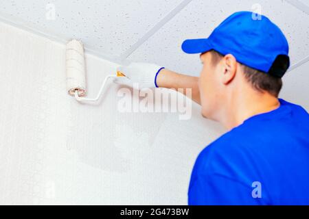A painter in a cap and gloves paints the wall with a paint roller. Portrait of a young worker in uniform. Stock Photo