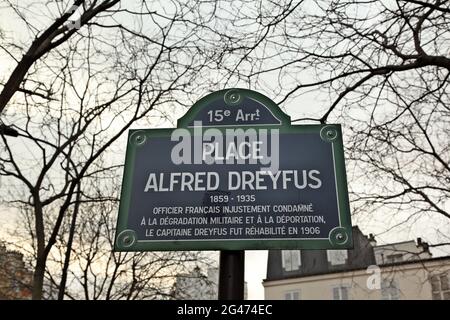 Alfred Dreyfus square, dedicated to the jewish French officer who was falsely accused of espionage, a major political scandal of the late 19th c. Stock Photo