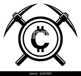 Crypto currency coin with two mining pickaxe symbol for blockchain currency mining vector illustration icon Stock Vector