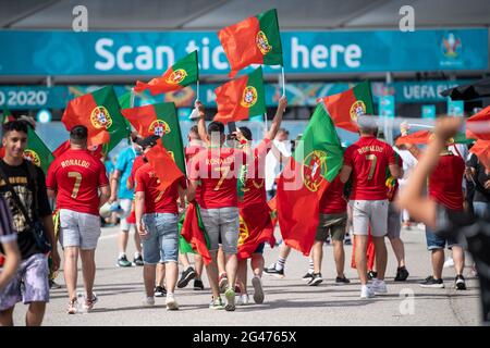 Munich, Germany. 19th June, 2021. Football: European Championship, Portugal - Germany, Preliminary round, Group F, Matchday 2. Portugal fans come to the stadium. Credit: Matthias Balk/dpa/Alamy Live News Stock Photo