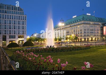 Pariser Platz with fountain and Hotel Adlon Kempinski in the evening, Berlin, Germany, Europe Stock Photo