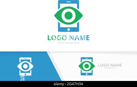 Vector eye and phone logo combination. Unique device vision logotype design template. Stock Vector