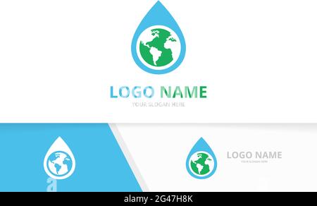 Vector water drop and earth logo combination. Unique globe logotype design template. Stock Vector