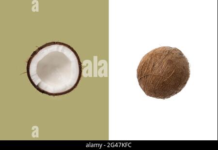 simple minimalistic raw cracked coconut raw nuts isolated top view Stock Photo