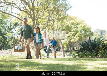 Family arriving in the park for picnic Stock Photo