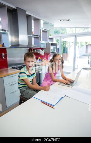 Portrait of smiling siblings doing their homework in kitchen Stock Photo